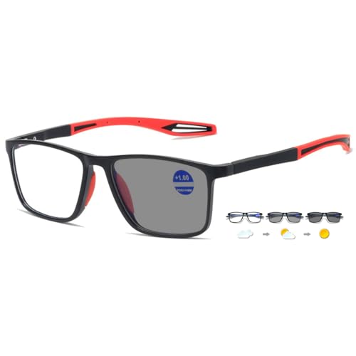 ABETOS Selbsttönende Lesebrille Sonnenbrille Photochrome Blaulichtfilter Lesehilfe Sehhilfe Herren Damen TR90 Rahmen Sportliche Sport Lesebrillen, Schwarz&Rot+0.0 von ABETOS