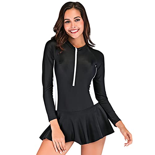 ABEUTY Einteiliger Badeanzug für Frauen mit Rock Surfen Langarm Bademode Burkini, Schwarz , XL von ABEUTY