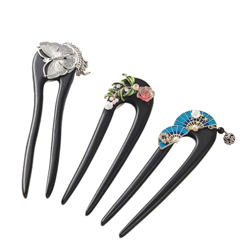 U-förmige Nadel Holzblumen U-förmige Haargabel Holzhaarnadel Schmetterlingsstäbe Chinesischer Stil Damen Haarstyling-Accessoires Kopfbedeckung(3PCS) von ABFJHFK