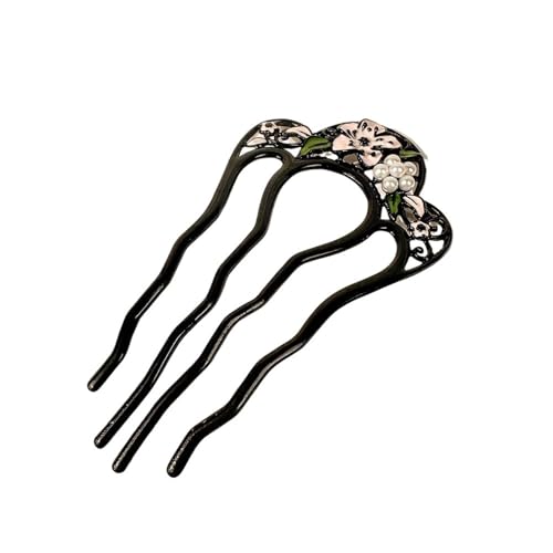 U-förmige Nadel Temperament Nachahmung Perle Blume Damen U-förmigen Legierung Chinesischen Stil Nische Design Haar Zubehör Haarnadeln(Black) von ABFJHFK