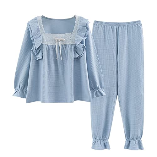 ABGO Waffel Damen Pyjama Set Langarm Lange Hose Pyjama Set Spitze Freizeitkleidung Heimkleidung (L, Blau) von ABGO