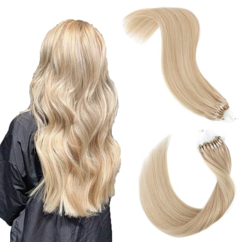 ABH AMAZINGBEAUTY HAIR Microring Extensions Echthaar für Frauen 50gramm Microring Echthaar 50 Stränge 40cm Micro Loop Remy Extensions Echthaar Dirty Blonde Highlight mit Beach Blonde Extensions von ABH AMAZINGBEAUTY HAIR