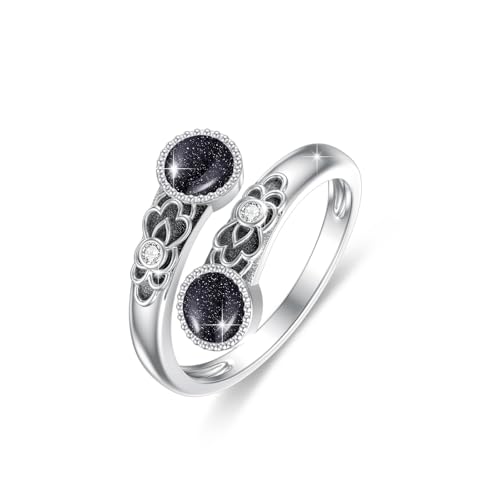 ABIGY Blauem Sandstein Ring 925 Sterling Silber Ringe mit Doppelstein Vintage Blumen Ring Verstellbarer Ringe Blauem Sandstein Weihnachten Halloween Ostern Schmuck Geschenk für Damen von ABIGY
