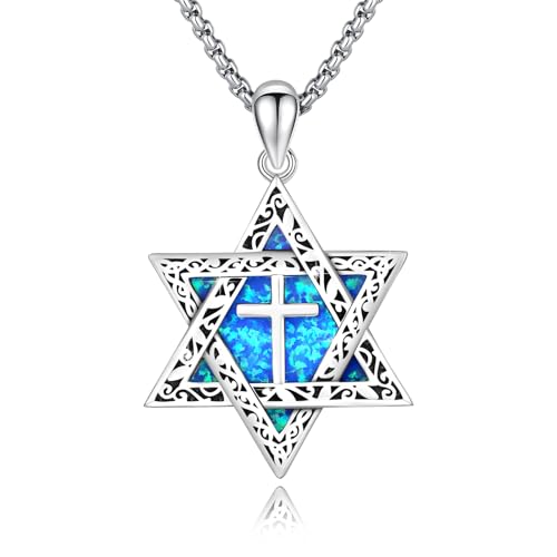 ABIGY Davidstern Halskette Davidstern Kette mit Kreuz 925 Sterling Silber Opal Anhänger Jüdischen Hexagramm Amulett Schmuck Geschenke für Damen Männer von ABIGY