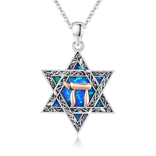 ABIGY Davidstern Kette 925 Sterling Silber Davidstern Halskette Hebräisch Chai (Leben) Opal Anhänger Hexagramm Davidstern Kette Jüdischen Hexagramm Amulett Schmuck Geschenke für Männer Damen von ABIGY