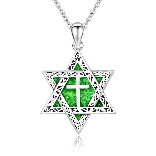 ABIGY Davidstern Kette 925 Sterling Silber Kette mit Kreuz Opal Anhänger Hexagramm Davidstern Halskette Jüdischen Hexagramm Amulett Schmuck Geschenke für Damen Männer von ABIGY