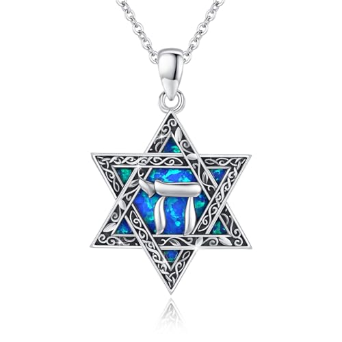 ABIGY Davidstern Kette 925 Sterling Silber Star of David Necklace Hebräisch Chai (Leben) Opal Anhänger Hexagramm Davidstern Kette Jüdischen Hexagramm Amulett Schmuck Geschenke für Männer Damen von ABIGY