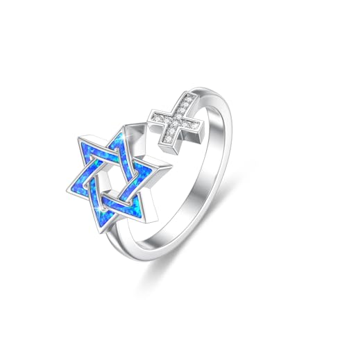 ABIGY Davidstern Ring 925 Sterling Silber Davidstern Opal Ringe Verstellbarer Ringe Kreuz Ring für Damen von ABIGY