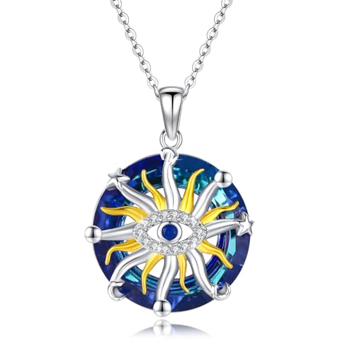 ABIGY Evil Eye Halskette 925 Sterling Silber Sonne und Mond Halskette Evil Eye Schutz Anhänger mit blauem Kreis Kristall Glück Evil Eye Schmuck Geschenke für Damen Mädchen von ABIGY