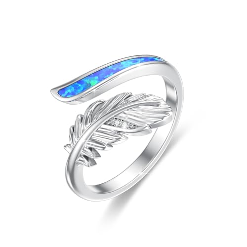 ABIGY Feder Ring 925 Sterling Silber Blauer Opal Feder Ring Verstellbar für Damen Verstellbarer Ring Weihnachten Halloween Ostern Muttertag Valentinstag Geburtstag Schmuck Geschenke für Damen von ABIGY