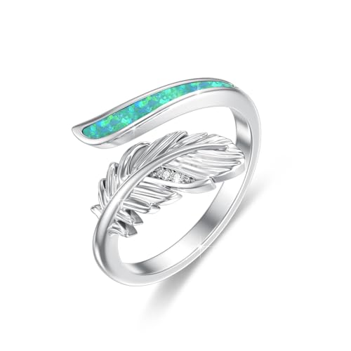 ABIGY Feder Ring 925 Sterling Silber mit Grün Opal für Damen Verstellbarer Ring Weihnachten Muttertag Geburtstag Jubiläum Schmuck Geschenke für Mutter Tochter Ehefrau Großmutter Schwester Freundin von ABIGY
