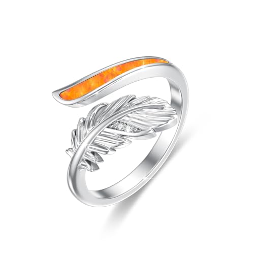 ABIGY Feder Ring 925 Sterling Silber mit Orange Opal für Damen Verstellbarer Ring Weihnachten Muttertag Geburtstag Jubiläum Schmuck Geschenke für Mutter Tochter Ehefrau Großmutter Schwester Freundin von ABIGY