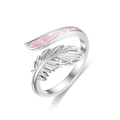 ABIGY Feder Ring 925 Sterling Silber mit Rosa Opal für Damen Verstellbarer Ring Weihnachten Muttertag Geburtstag Jubiläum Schmuck Geschenke für Mutter Tochter Ehefrau Großmutter Schwester Freundin von ABIGY
