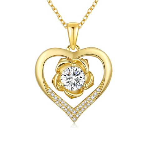 ABIGY Gold Rosa Herz Halskette 925 Sterling Silber April Geburtsstein Damen Anhänger Damen Kette Herz Weihnachten Geburtstag Jahrestag Schmuck Geschenke für Töchter Schwestern Mütter von ABIGY