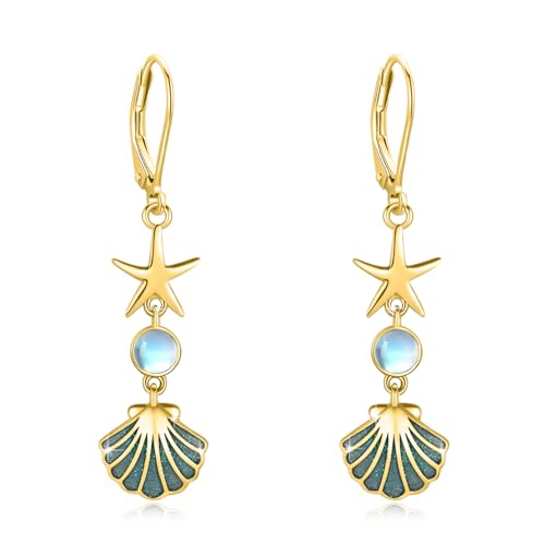 ABIGY Gold Seestern Muschel Ohrringe 925 Sterling Silber Seestern Ohrring Muschel Ohrringe Mondstein Strand Schmuck Weihnachten Muttertag Schmuck Geschenk für Damen von ABIGY