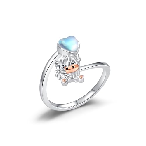 ABIGY Highland Kuh Ring 925 Sterling Silber Mondstein Ringe Gänseblümchen Ring Offen Verstellbar Ring Amulett Tierring Hochland Kuh Schmuck für Damen Mädchen von ABIGY