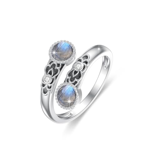 ABIGY Labradorit Ring 925 Sterling Silber Doppel Stein Ringe Vintage Floral Verstellbarer Ring Labradorit Weihnachten Muttertag Geburtstag Schmuck Geschenk für Damen von ABIGY