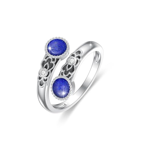 ABIGY Lapis Lazuli Ring 925 Sterling Silber Doppelstein Ring Vintage Blumen Ringe Verstellbarer Ringe Lapis Lazuli Weihnachten Halloween Ostern Muttertag Geburtstag Schmuck Geschenke für Damen von ABIGY