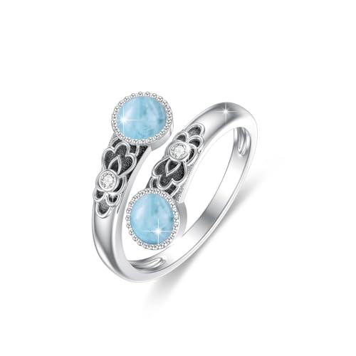 ABIGY Larimar Ring 925 Sterling Silber Doppel Stein Ringe Vintage Floral Verstellbarer Ring Larimar Weihnachten Muttertag Geburtstag Schmuck Geschenk für Damen von ABIGY