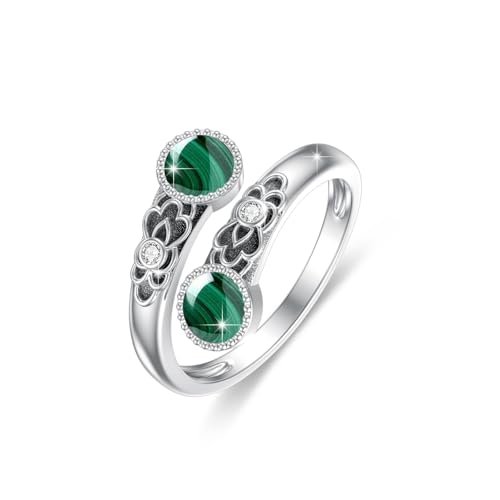 ABIGY Malachit Ring 925 Sterling Silber Doppel Stein Ringe Vintage Floral Verstellbarer Ring Malachit Weihnachten Muttertag Geburtstag Schmuck Geschenk für Damen von ABIGY