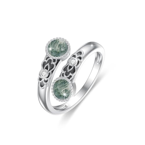 ABIGY Moosachat Ring 925 Sterling Silber Doppel Stein Ringe Vintage Floral Verstellbarer Ring Moosachat Weihnachten Muttertag Geburtstag Schmuck Geschenk für Damen von ABIGY