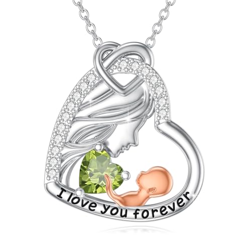 ABIGY Mum Halskette 925 Sterling Silber August Geburtsstein Herz Mutter Halskette Muttertag Halskette für Mutter Olive Grün Zirkonia Halskette von ABIGY