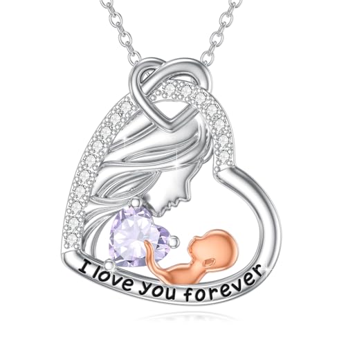 ABIGY Mum Halskette 925 Sterling Silber Juni Geburtsstein Herz Mutter Halskette Muttertag Halskette für Mutter Lila Zirkoniumdioxid Halskette von ABIGY