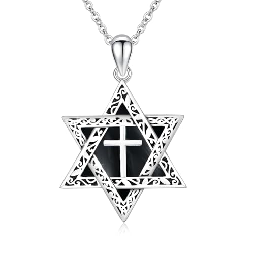 ABIGY Onyx Davidstern Halskette 925 Sterling Silber Davidstern Kette Kreuz Onyx Anhänger Hexagramm Halskette Jüdisches Amulett Schmuck Geeignet für Männer Damen Geschenke von ABIGY