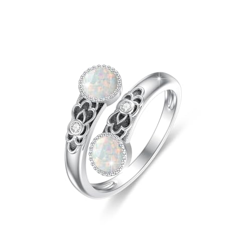 ABIGY Opal Ring 925 Sterling Silber Doppel Stein Ring Vintage Floral Ringe Verstellbarer Ringe Opal Weihnachten Muttertag Geburtstag Schmuck Geschenk für Damen von ABIGY