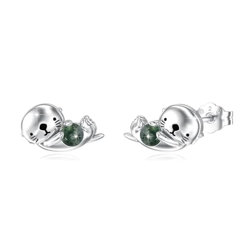 ABIGY Otter Ohrringe 925 Sterling Silber Otter Ohrstecker Niedliche Otter Schmuck Moos Achat Ohrringe Weihnachten Halloween Ostern Muttertag Valentinstag Geburtstag Schmuck Geschenke für Damen von ABIGY