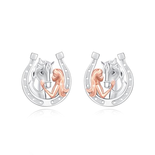 ABIGY Pferde Ohrringe Hufeisen Ohrstecker 925 Sterling Silber Glückspferd und Mädchen Umarmung Pferd Ohrstecker Tier Ohrringe Schmuck Geschenk für Damen Mädchen von ABIGY