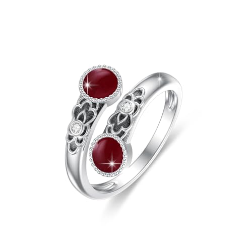 ABIGY Roter Achat Ring 925 Sterling Silber Doppel Stein Ringe Vintage Floral Verstellbarer Ring Roter Achat Weihnachten Muttertag Geburtstag Schmuck Geschenk für Damen von ABIGY