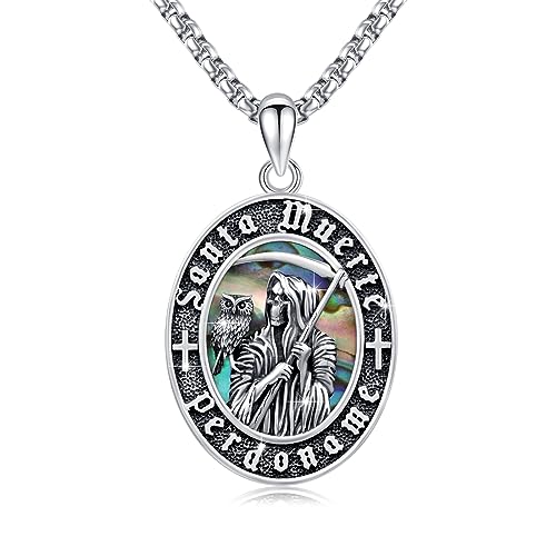 ABIGY Santa Muerte Halskette 925 Sterling Silber Abalone Totenkopf Kette Sensenmann Halskette für Männer Gothic Schädel Sensenmann Schmuck Geschenk für Halloween Geburtstag von ABIGY