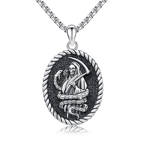 Santa Muerte Halskette 925 Sterling Silber Schlange Anhänger Tier Kette Sensenmann Halskette für Männer Oxidation Totenkopf Sensenmann Schmuck Geschenk für Halloween Geburtstag Freunde von ABIGY