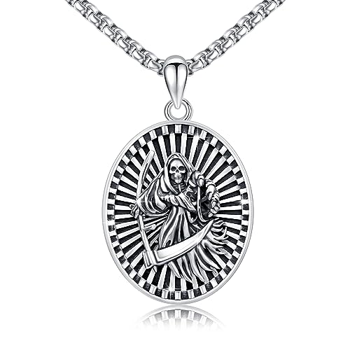 ABIGY Santa Muerte Halskette 925 Sterling Silber Sensenmann Sensen Schnitter Halskette für Männer Gothic Schädel Kette Totenkopf Sensenmann Schmuck Geschenk für Halloween Geburtstag von ABIGY