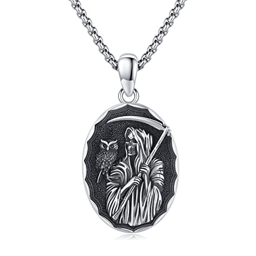 ABIGY Santa Muerte Halskette für Männer, 925 Sterling Silber Sensen Schnitter Halskette Oxidation Gothic Schädel Schädel mit Sensenhänger Reaper Halskette Halloween Schmuck Geschenk für Geburtstags von ABIGY