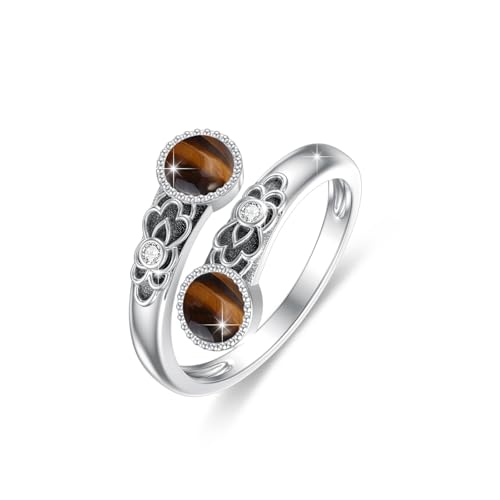ABIGY Tigerauge Ring 925 Sterling Silber Doppelstein Ringe Vintage Floral Verstellbarer Ring Tigerauge Weihnachten Muttertag Geburtstag Schmuck Geschenk für Damen von ABIGY