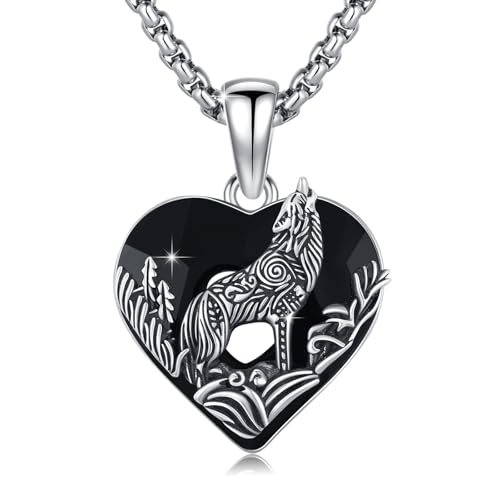 ABIGY Wolf Halskette 925 Sterling Silber Schwarz Kristall Wolf Anhänger Wolfs Schmuck Herz Förmig Kette Weihnachten Geburtstag Jahrestag Schmuck Geschenke für Söhne Brüder Ehemänner Väter von ABIGY