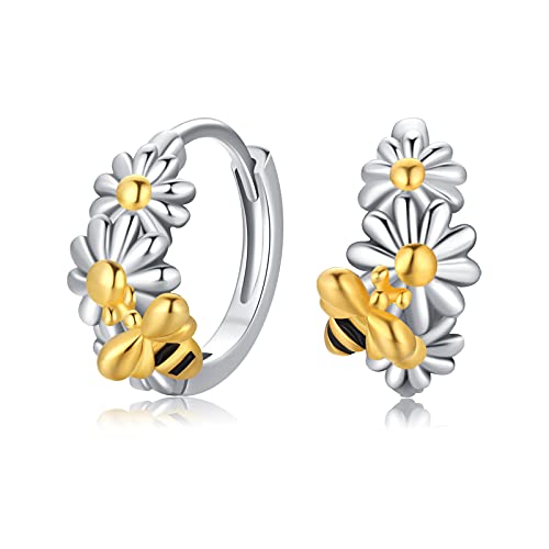 Gänseblümchen Ohrringe Hypoallergen 925er Sterling Silber Biene mit kleiner Gänseblümchen-Blume Creolen Geschenk für Frauen Teenager Mutter von ABIGY