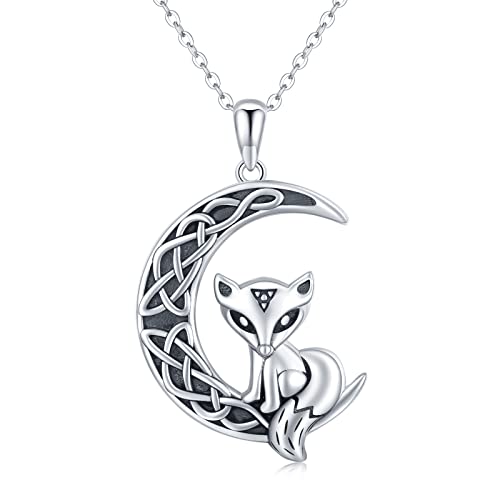 Keltische Mond Halskette für Damen 925 Sterling Silber Mond Fuchs Anhänger Halbmond Fuchs Halskette Mond Schmuck Geschenk für Mutter Tochter Geburtstag von ABIGY