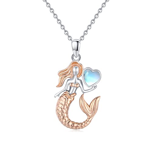 Meerjungfrau Halskette für Damen, 925 Sterling Silber Meerjungfrau Anhänger mit Herz Mondstein Meer Kleine Meerjungfrau Schmuck Geschenk zu Weihnachten Geburtstag von ABIGY
