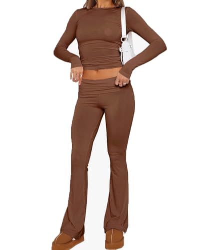ABINGOO Damen Lounge Set Langarm Oberteil Und Schlaghose Yoga Trainingsanzug Zweiteiler Outfit Schmal Loungewear Set(Braun,S) von ABINGOO