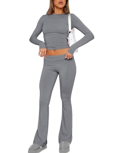 ABINGOO Damen Lounge Set Langarm Oberteil Und Schlaghose Yoga Trainingsanzug Zweiteiler Outfit Schmal Loungewear Set(Dunkelgrau,L) von ABINGOO