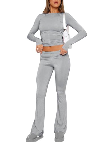 ABINGOO Damen Lounge Set Langarm Oberteil Und Schlaghose Yoga Trainingsanzug Zweiteiler Outfit Schmal Loungewear Set(Grau,L) von ABINGOO