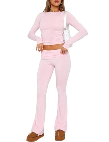 ABINGOO Damen Lounge Set Langarm Oberteil Und Schlaghose Yoga Trainingsanzug Zweiteiler Outfit Schmal Loungewear Set(Rosa,S) von ABINGOO