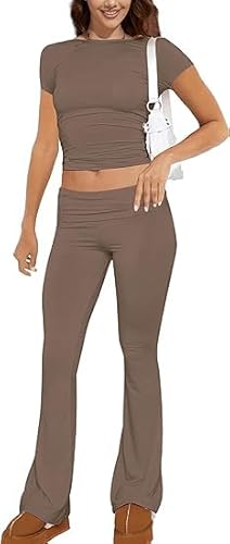 ABINGOO Damen Baumwoll Lounge Set - Oberteil Und Schlaghose - Geschnittene Yoga Trainingsanzug - Zweiteiliger Outfit - Schmal Loungewear (S-Braun,M) von ABINGOO