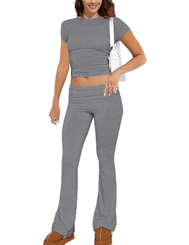 ABINGOO Damen Lounge Set Kurzarm Oberteil Und Schlaghose Yoga Trainingsanzug Zweiteiler Outfit Schmal Loungewear Set(Z-Dunkelgrau,L) von ABINGOO