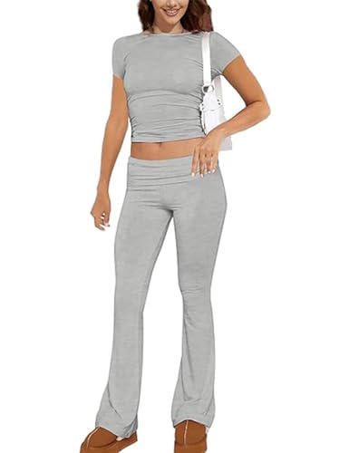 ABINGOO Damen Lounge Set Kurzarm Oberteil Und Schlaghose Yoga Trainingsanzug Zweiteiler Outfit Schmal Loungewear Set(Z-Grau,M) von ABINGOO