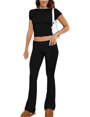 ABINGOO Damen Lounge Set Kurzarm Oberteil Und Schlaghose Yoga Trainingsanzug Zweiteiler Outfit Schmal Loungewear Set(Z-Schwarz,L) von ABINGOO