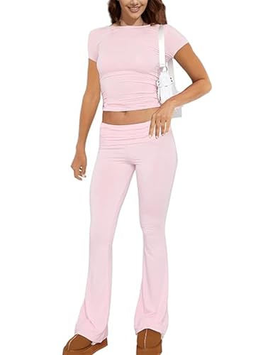 ABINGOO Damen Lounge Set Kurzarm Oberteil Und Schlaghose Yoga Trainingsanzug Zweiteiler Outfit Schmal Loungewear Set(Z-Rosa,M) von ABINGOO
